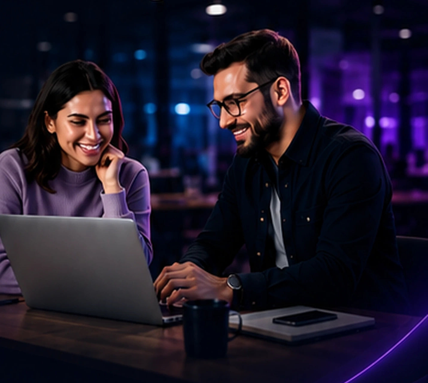 Two marketing professionals reviewing work together at a laptop